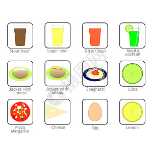 食品水果图标食品和饮料图标土豆啤酒玻璃面条夹克柠檬水果薄荷插图豆子背景