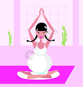 孕妇做瑜伽孕妇坐在粉红色瑜伽上练习莲花和马萨那设计图片