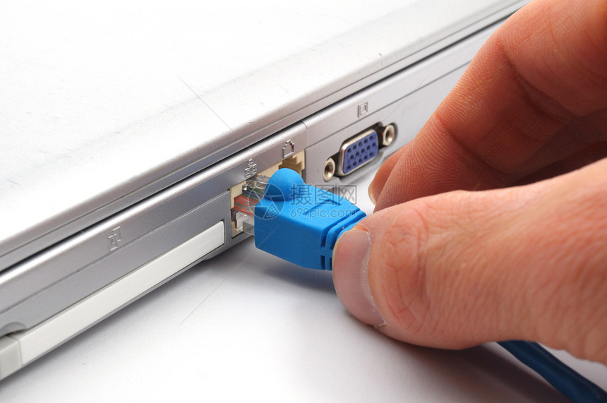 网络连接器蓝色插头手指笔记本电脑插座电缆互联网白色数据图片