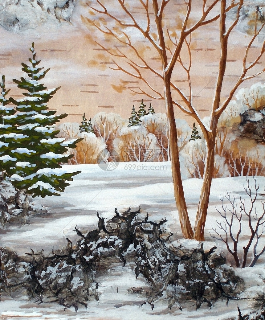 冬季西伯利亚地貌树木瘟热寒冷荒野手工公园桦木生态天气绘画图片