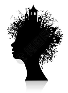 思维树环境 思考光影季节植物发型房子卷曲墨水思维头发反射插图插画