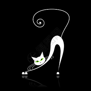白猫 眼睛绿黑墨水宠物绘画艺术胡须夹子猫咪草图乐趣插图背景图片