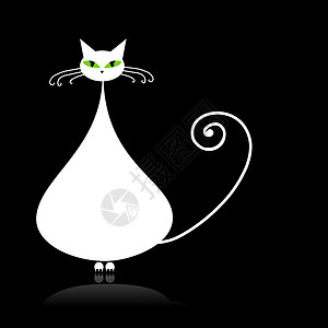 白猫 眼睛绿黑反射艺术宠物猫咪动物尾巴哺乳动物乐趣胡须卡通片背景图片