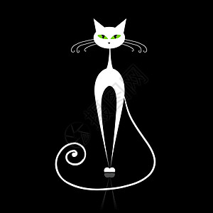 白猫 眼睛绿黑乐趣卡通片哺乳动物猫咪插图动物宠物夹子猫科草图背景图片