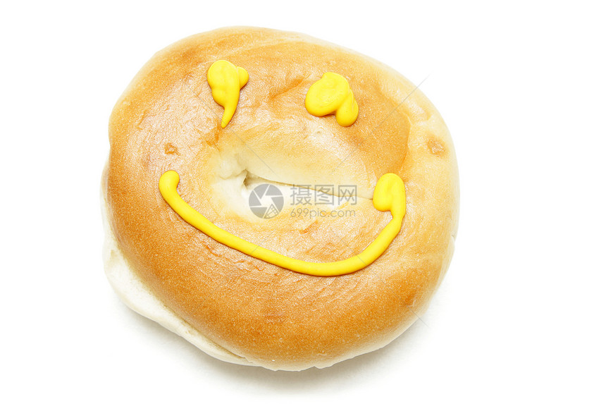 白上孤立的百吉饼圆形产品白色小吃棕色糕点微笑黄色午餐面包图片