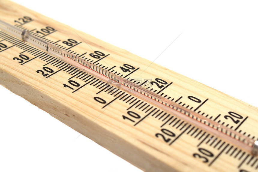 白色背景的木制温度计天气木头红色数字工具仪表宏观管子温度玻璃图片