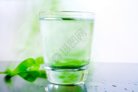 玻璃水杯静物绿色背景图片