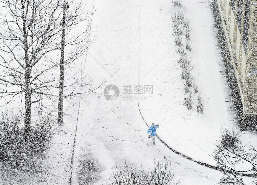 女孩在跑脚步声降雪孤独树木蓝色女士薄雾暴风雪院子运动图片