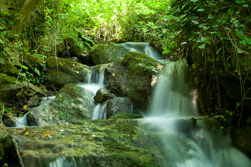 美丽的瀑布石头木头运动阳光衬套日光流动水景生态岩石图片