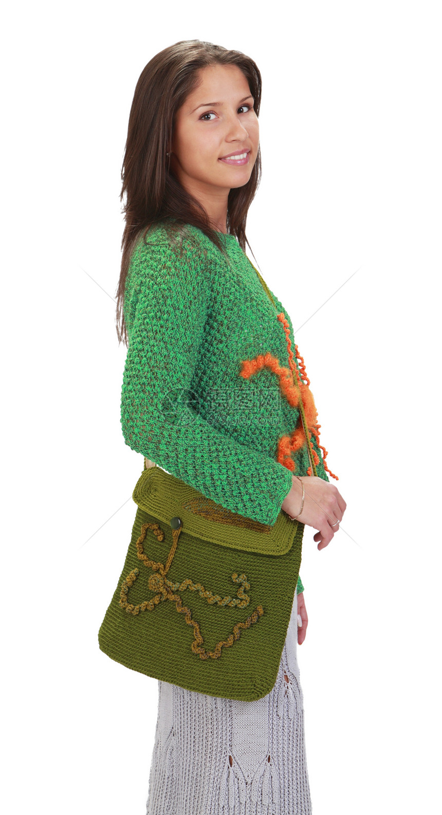 青年妇女蜘蛛针织品手工化妆箱手提包橙子绿色奇思妙想裙子针织图片