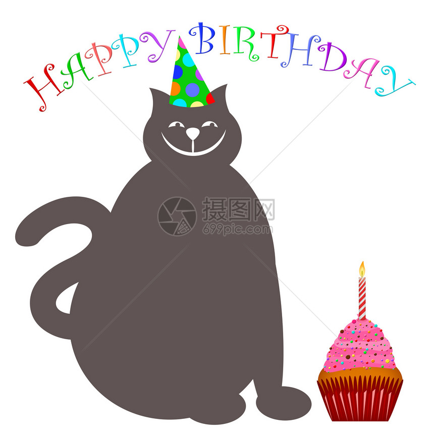 带帽子蛋糕和蜡烛的生日快乐猫图片