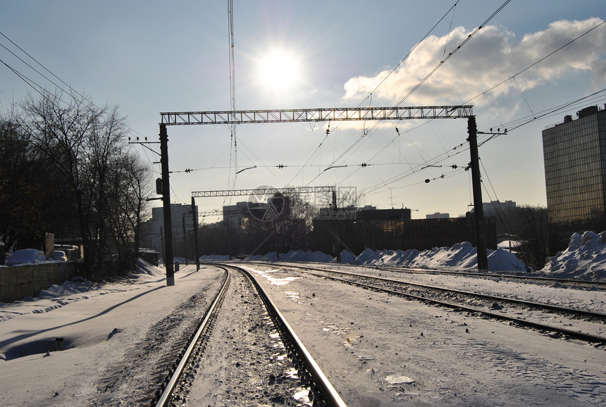 冬季铁路枕木电线两极方法日落铁轨图片