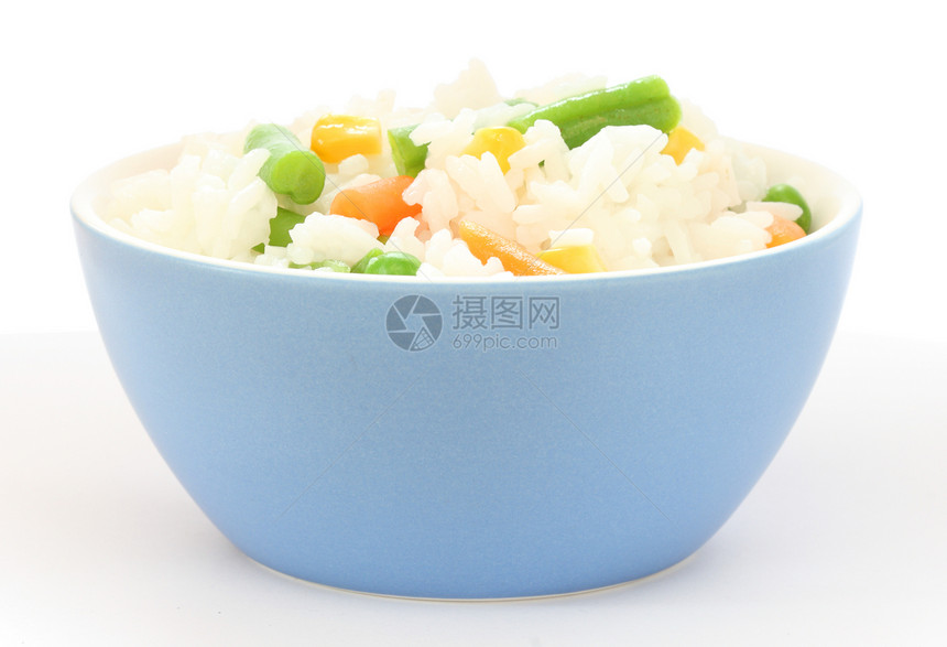 蓝碗 用混合蔬菜煮饭服务玉米食物蓝色黑色白色图片