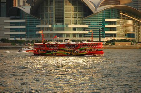 香港渡口胜地观光旅游旅行渡船日落背景图片