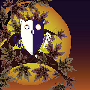 枫叶月亮素材猫头鹰和树背景插图月亮捕食者卡通片艺术黑色树叶羽毛眼睛背景