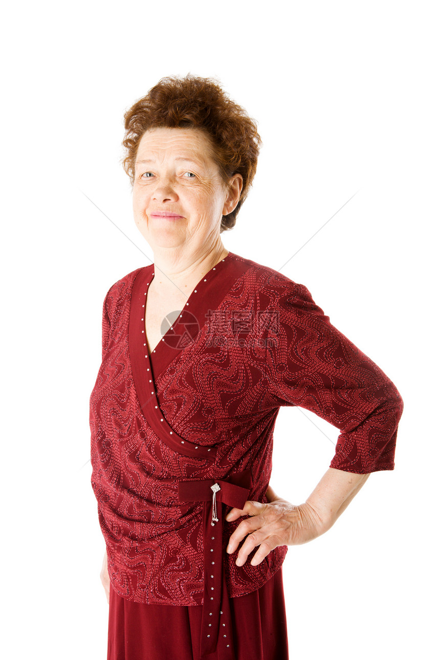 快乐的老太太人员退休红色沉思智慧微笑享受祖母衣服头发图片