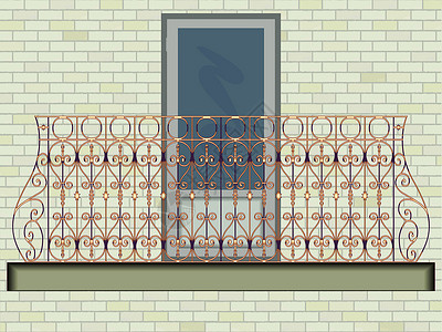 阳台砖壁底的铁阳台卷曲黑色风格装饰植物白色墙纸装饰品曲线插图插画