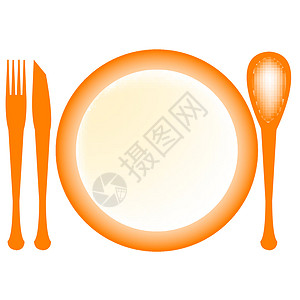 甜甜的椰枣树服务银器白色勺子盘子不锈钢橙子餐具插图用具插画