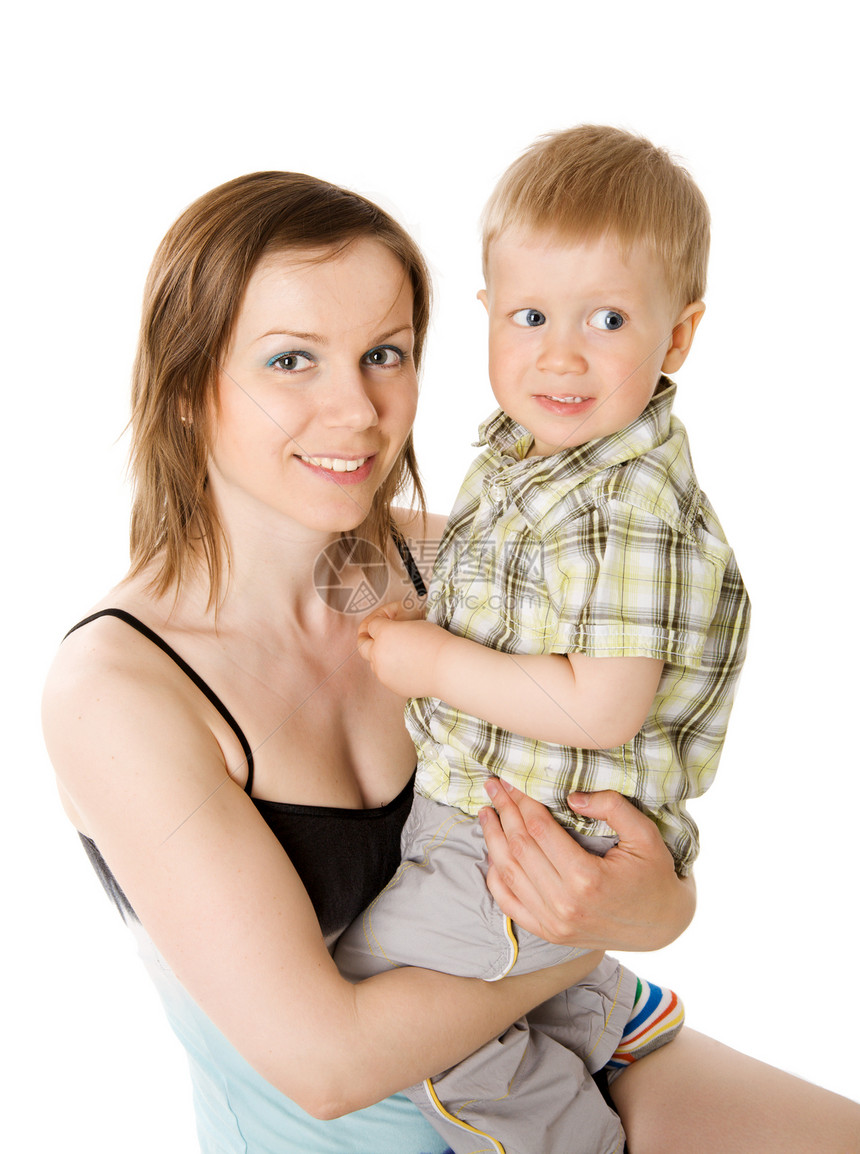 母亲和儿子享受白色金发后代婴儿家庭工作室微笑快乐亲热图片