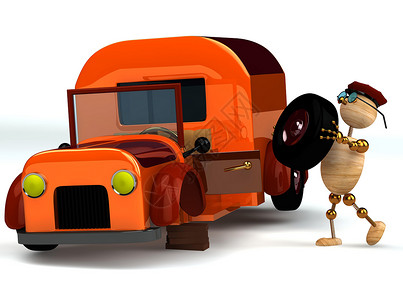 3个木工换橙色卡车轮胎背景图片