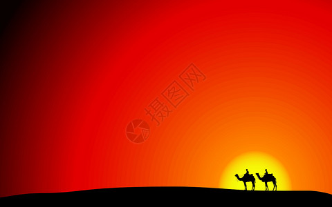 日落时的骆驼沙漠哺乳动物黑色橙子黄色插图太阳天空动物红色背景图片