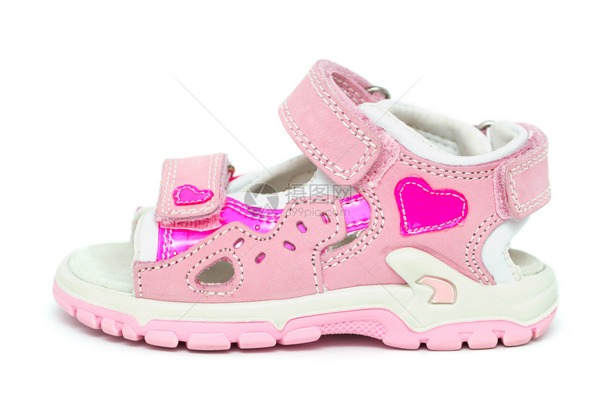 粉红孩子的凉鞋接缝服装粉色搭扣材料宏观女人味皮革鞋类女孩图片