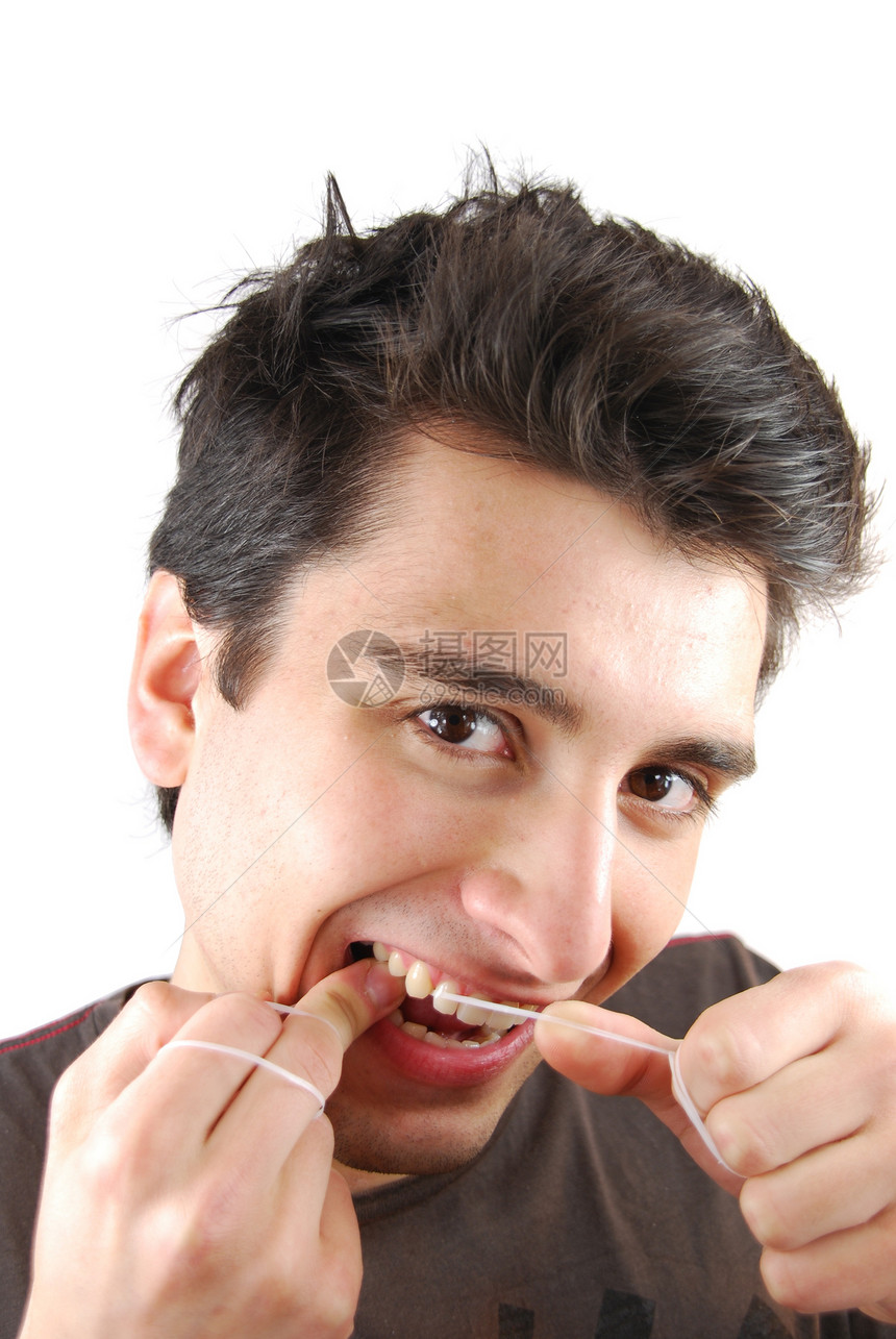 他的牙线的人微笑挑战牙龈卫生工作室男人成人白色口服牙齿图片