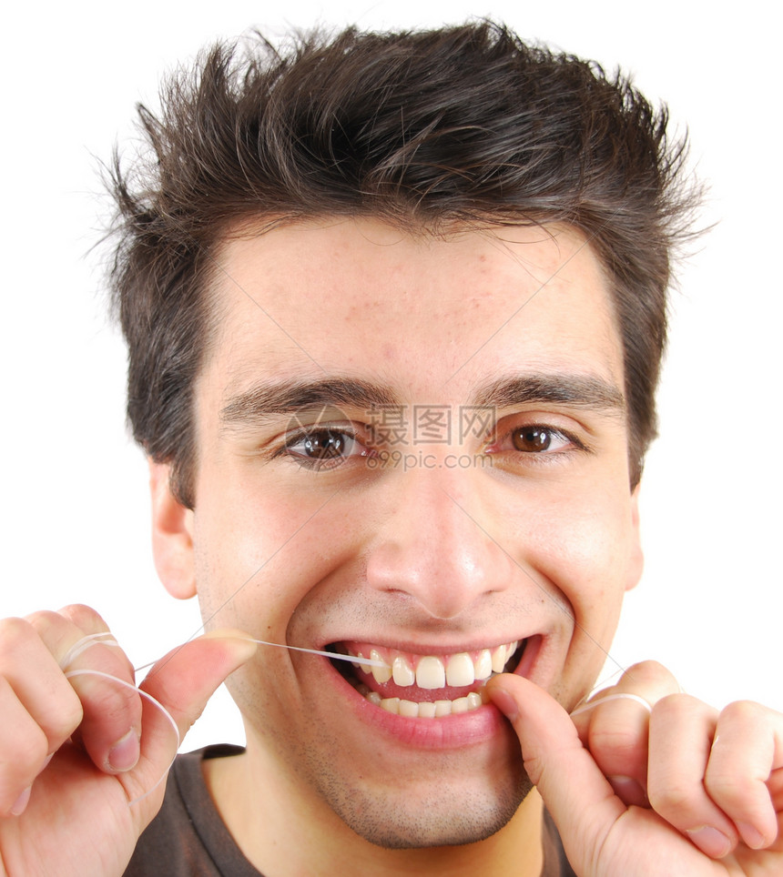 他的牙线的人白色成人卫生男人牙齿微笑挑战工作室牙龈口服图片