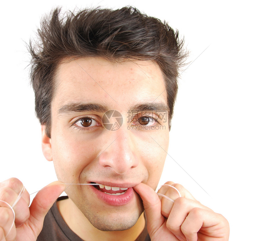 他的牙线的人男性卫生牙齿牙龈挑战工作室微笑男人成人白色图片