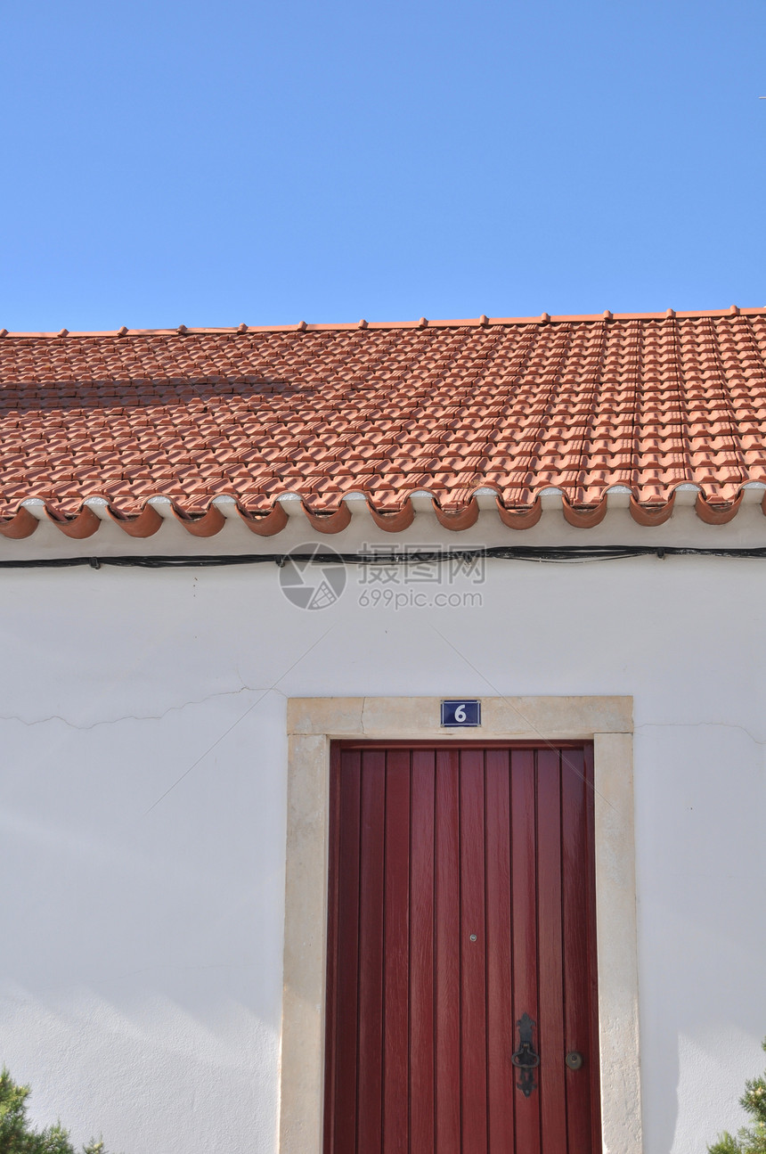 葡萄牙语家门入口瓷砖村庄房子场景红色白色建筑蓝色古董图片