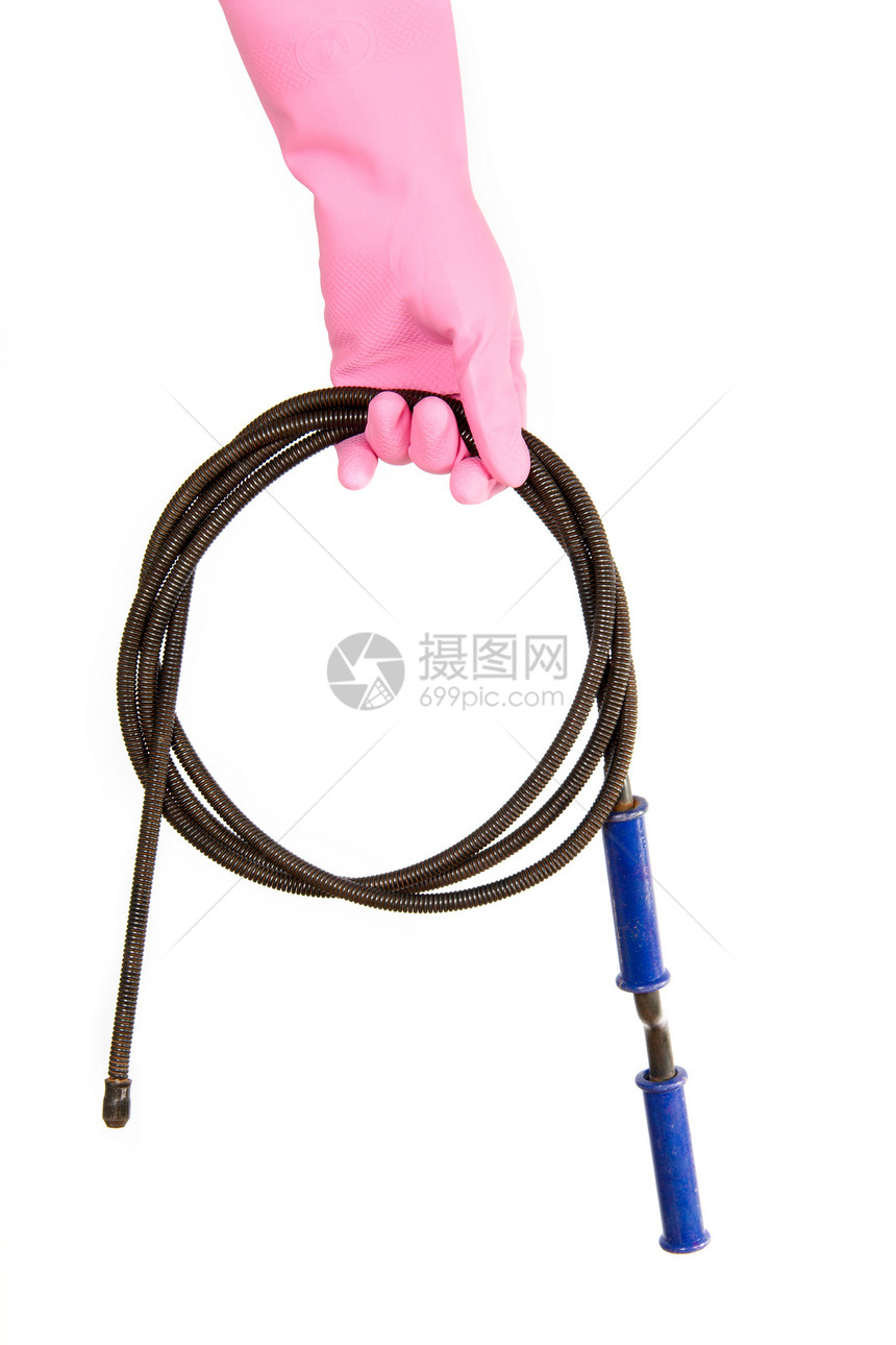 穿粉色手套的女性手 在排水沟里留了个蓄水器电缆牛仔布衣服职业缆绳工程师绳索工人衬衫工匠图片