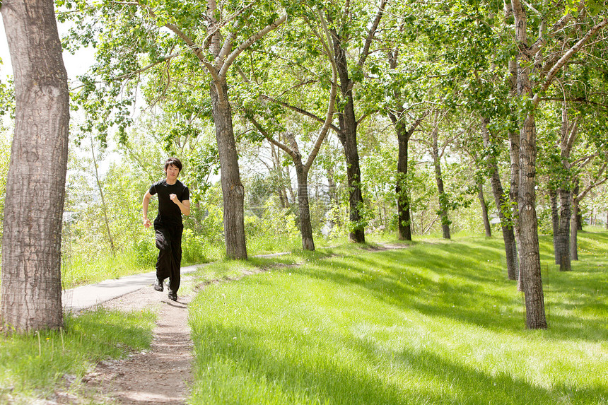 人慢跑闲暇活力运动男性运动服小路树叶赛跑者树干男人图片
