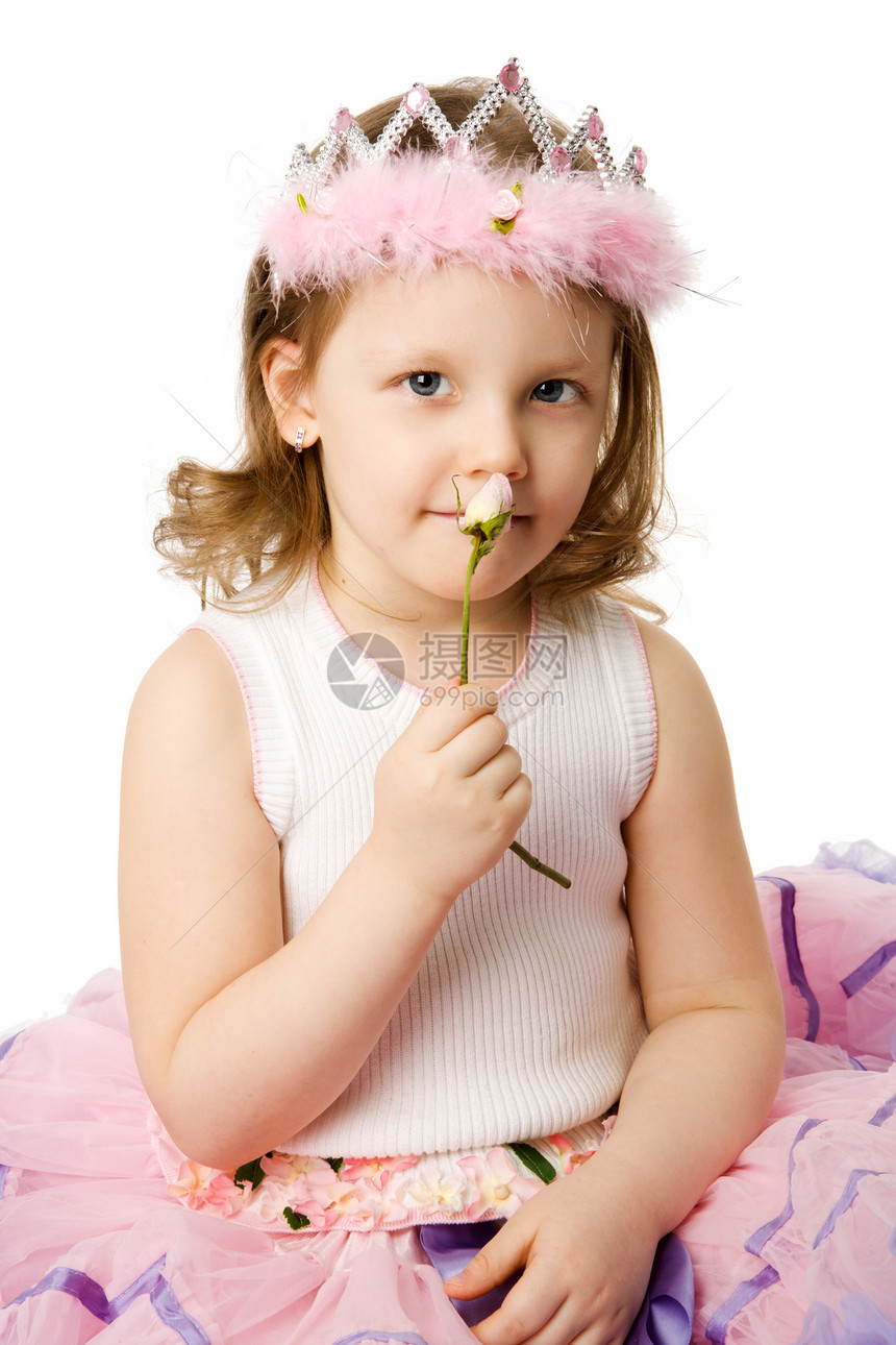 女孩抱抱玫瑰女学生快乐童年享受金发喜悦活力粉色白色福利图片