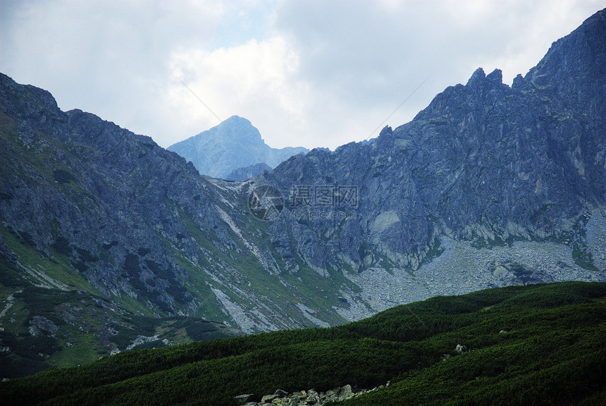 塔塔山海拔山峰场景森林树木山脉蓝色绿色冒险草地图片