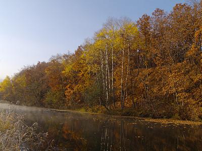 秋季上午爬坡橙子季节黄色天空叶子天气金子反射红色背景图片