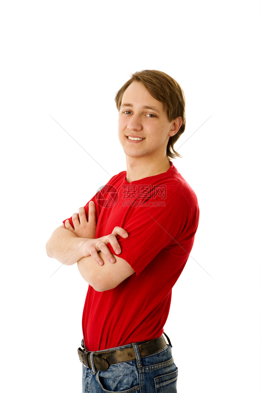 青年男子白色快乐空白思维头发微笑短发学生红色沉思图片