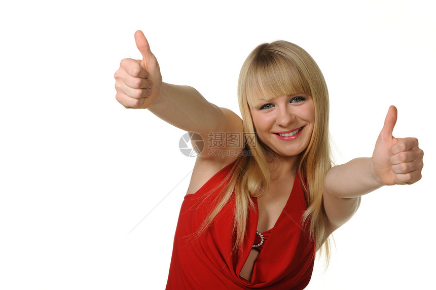 女孩的拇指举起来 批准的反应协议金发微笑红色商业成人快乐女性奉承钦佩图片