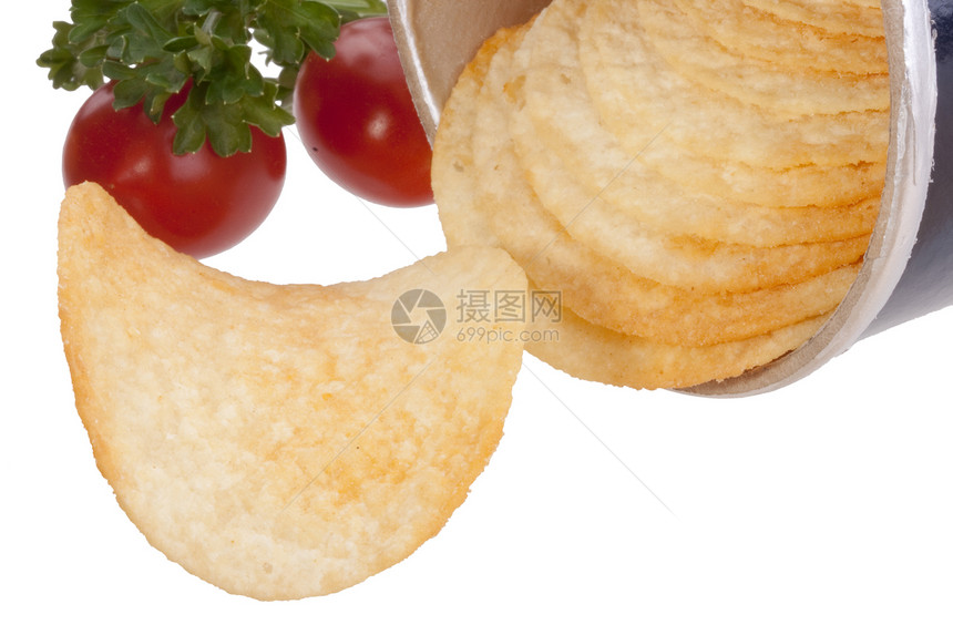 土豆薯片包装红色绿色香菜食物盒子噼啪金子芯片白色图片
