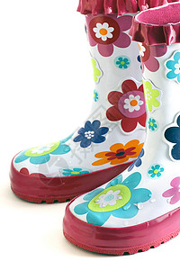雨靴女孩鞋类粉色婴儿靴子乐趣白色孩子蓝色绿色背景图片