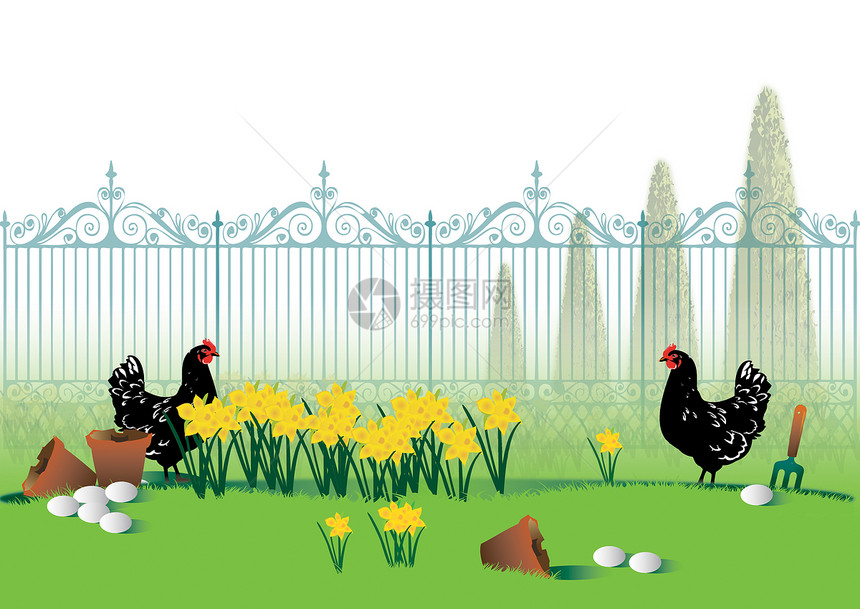 法语花园黑色季节性艺术白色插图绿色母鸡图片