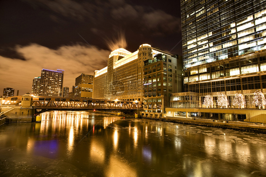 芝加哥市下城市夜摄影建筑建筑学天际反射街道市中心旅行都市商业城市图片