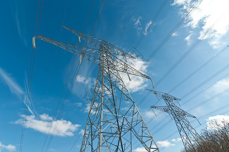 输电塔电磁极等电网输送线路照片天空电线能量水平电能电力背景