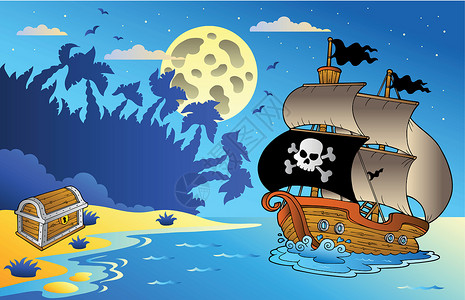 议事与海盗船1号的夜间海景插画