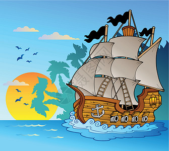 有岛屿剪影的旧船插画