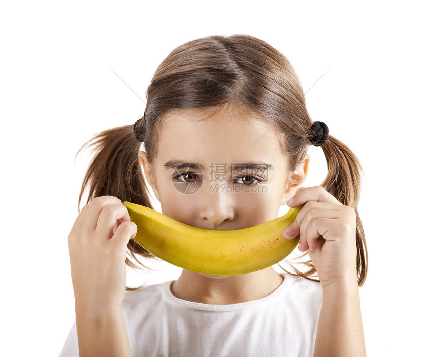 香蕉微笑孩子享受女性童年卫生乐趣食物早餐幸福保健图片