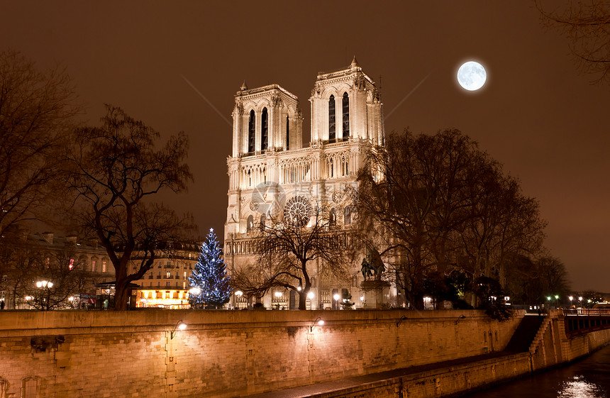 在巴黎夜里著名的圣母圣母院雕像教会纪念碑地标月亮反射贵妇人图片