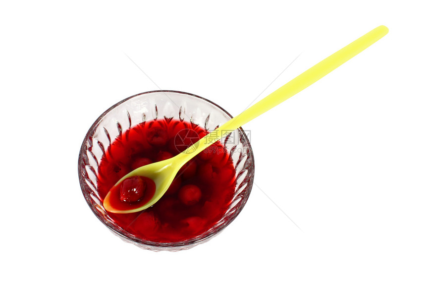 甜樱桃食物玻璃白色黄色勺子红色甜点果味果汁水果图片