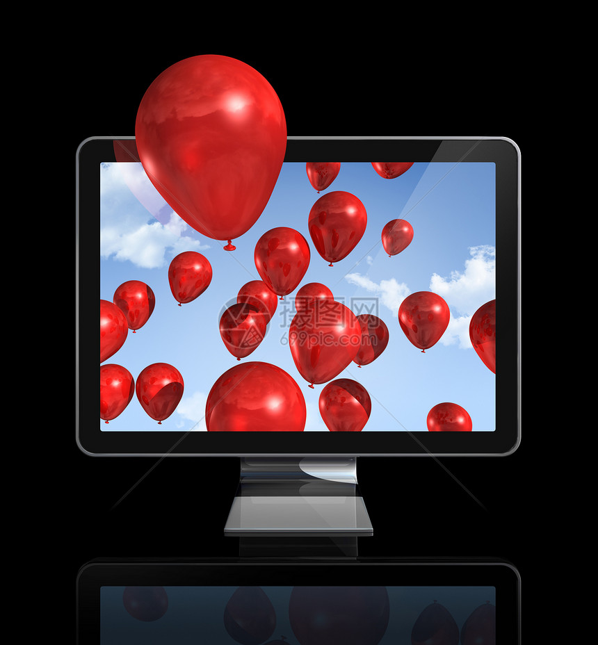 3D TV 屏幕中的红色气球图片