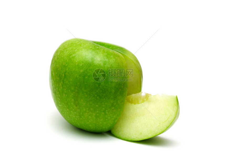 切片绿苹果食物叶子白色饮食甜点水果红色绿色植物图片