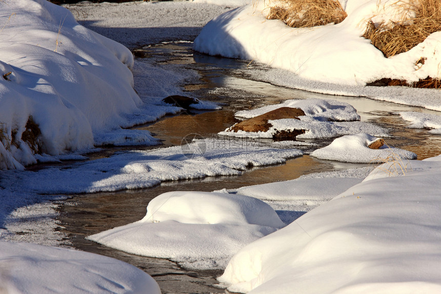 冬季的冰雪流流自然寒冷池塘海岸流动磨砂场景季节天空气候图片
